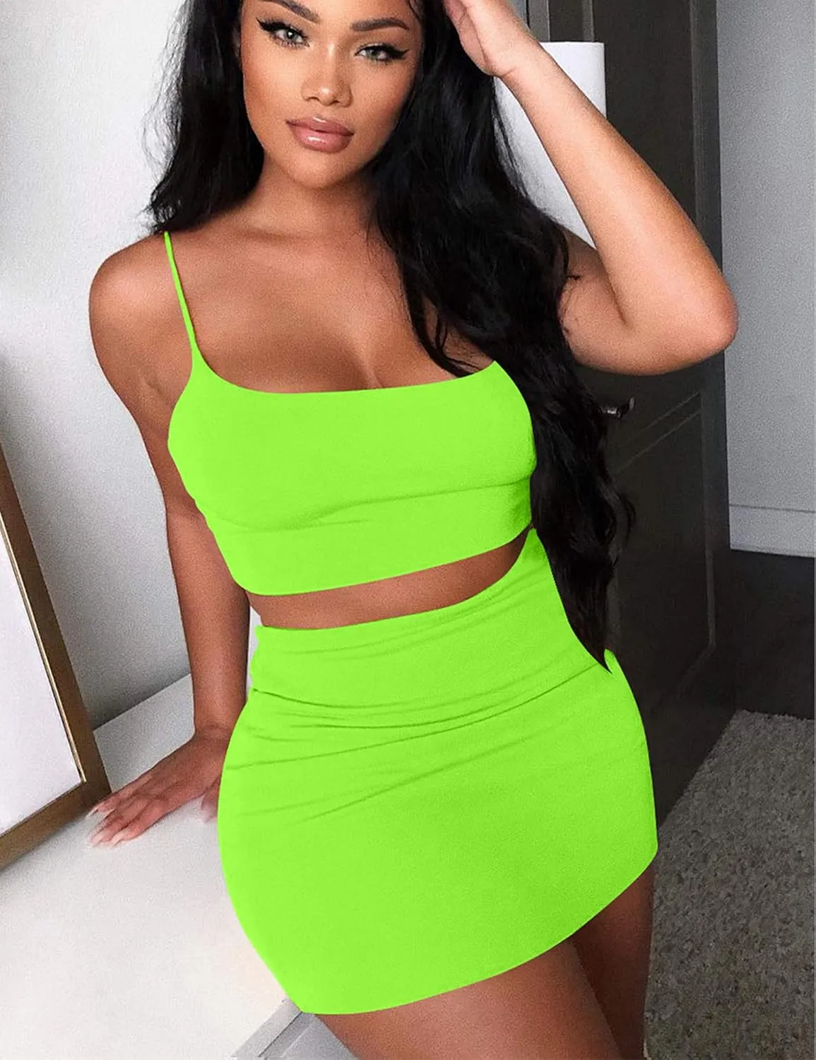Kaximil Women's Summer 2 Piece Outfits Cami Crop Top Bodycon Skirt Mini Club Dress