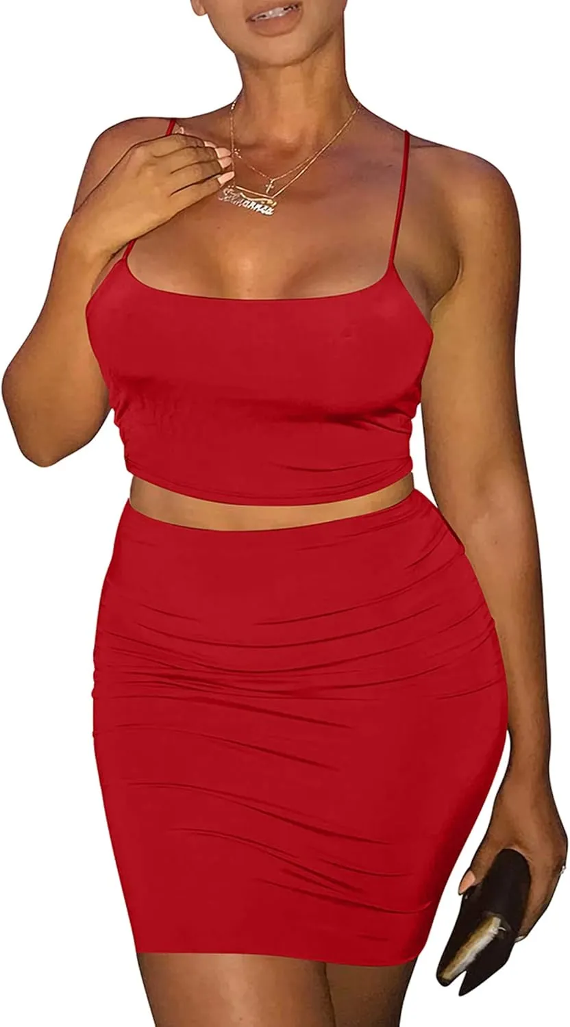 Kaximil Women's Summer 2 Piece Outfits Cami Crop Top Bodycon Skirt Mini Club Dress