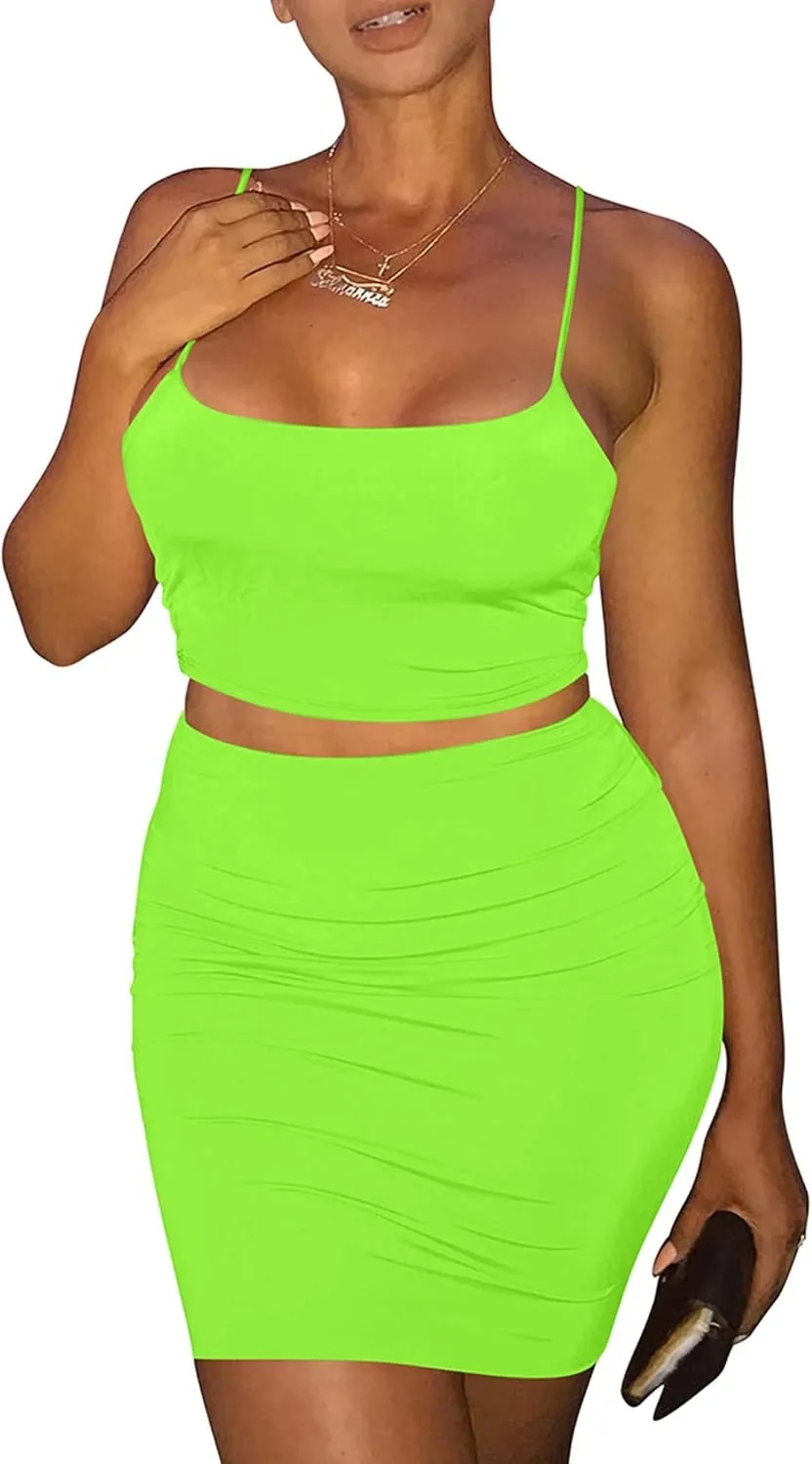 Kaximil Women's Summer 2 Piece Outfits Cami Crop Top Bodycon Skirt Mini Club Dress