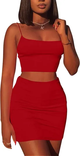 Kaximil Women's Summer 2 Piece Outfits Cami Crop Top Bodycon Skirt Mini Club Dress