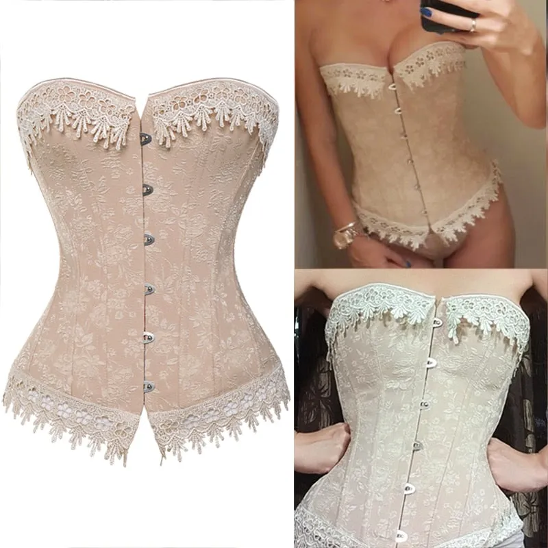 Lace-Up Corsets Waist Trainer with Boning and Floral Embroidery
