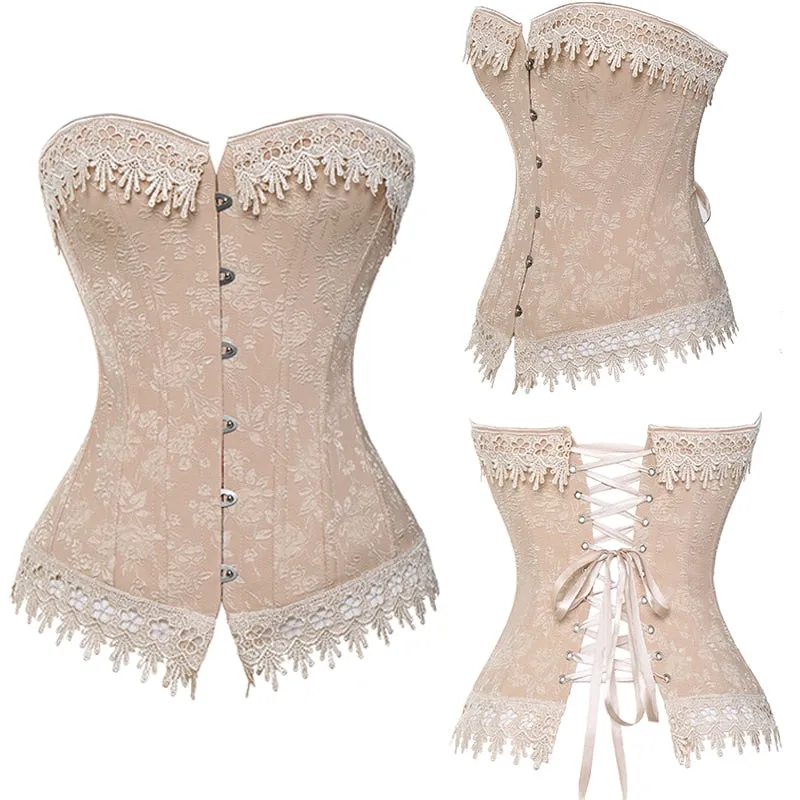 Lace-Up Corsets Waist Trainer with Boning and Floral Embroidery