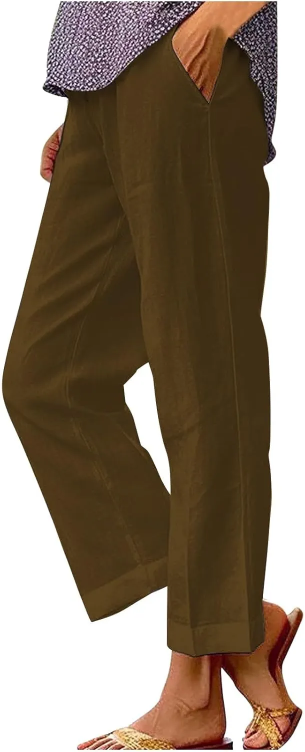LCMTWX Women's Summer Casual Linen Pants and Linen Casual Pants Casual Loose Drawstring Beach Pants for Women White Pants