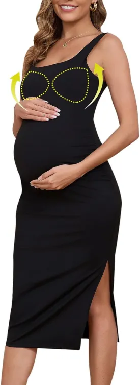Liu & Qu Women's Sleeveless Maternity Dress with Built in Bra Side Ruched Casual Pregnancy Bodycon Dresses