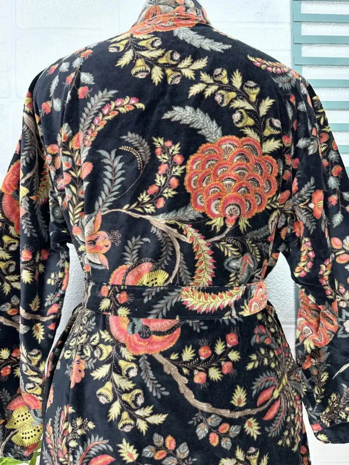 Luxury Velvet House Robe Unisex Kimono Jacket Reversible Silk Lined Autumn Winter Gift Elegant Floral Black Malibu Bluish Valentine Love