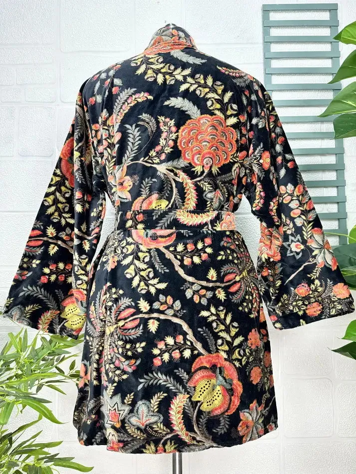 Luxury Velvet House Robe Unisex Kimono Jacket Reversible Silk Lined Autumn Winter Gift Elegant Floral Black Malibu Bluish Valentine Love
