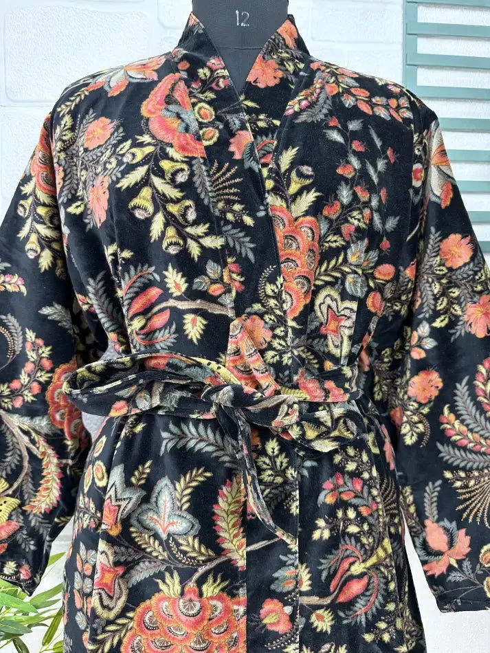 Luxury Velvet House Robe Unisex Kimono Jacket Reversible Silk Lined Autumn Winter Gift Elegant Floral Black Malibu Bluish Valentine Love