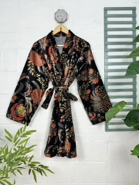 Luxury Velvet House Robe Unisex Kimono Jacket Reversible Silk Lined Autumn Winter Gift Elegant Floral Black Malibu Bluish Valentine Love