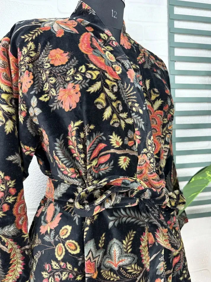 Luxury Velvet House Robe Unisex Kimono Jacket Reversible Silk Lined Autumn Winter Gift Elegant Floral Black Malibu Bluish Valentine Love