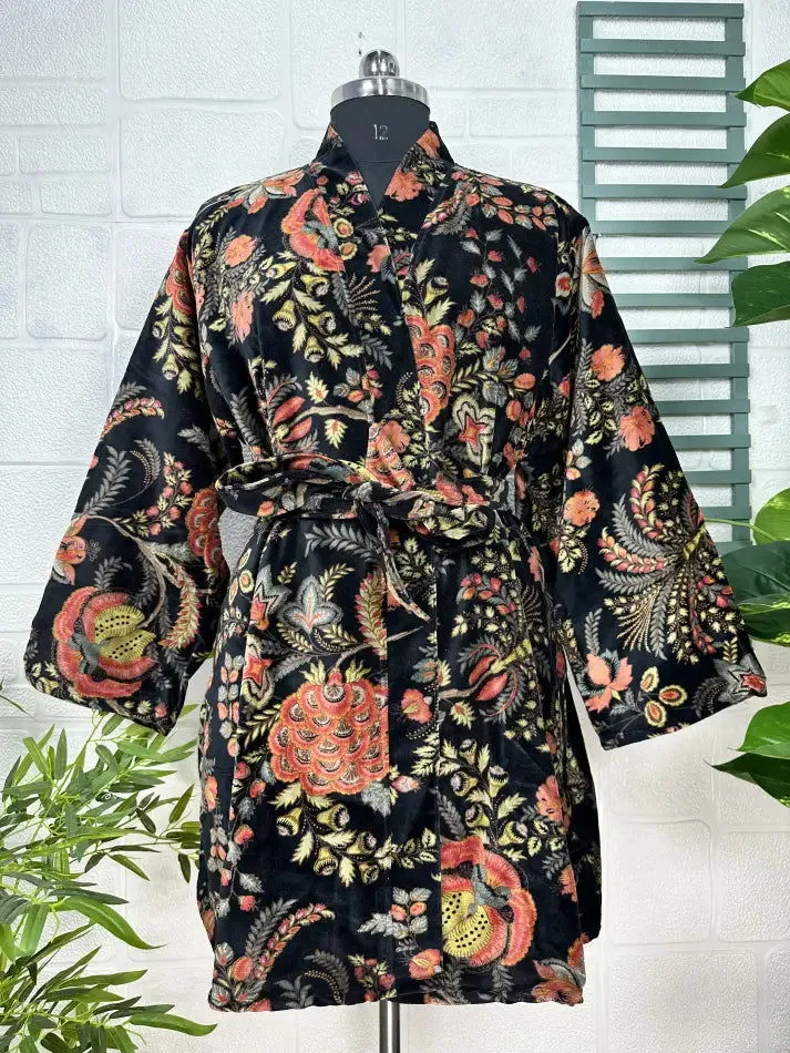 Luxury Velvet House Robe Unisex Kimono Jacket Reversible Silk Lined Autumn Winter Gift Elegant Floral Black Malibu Bluish Valentine Love