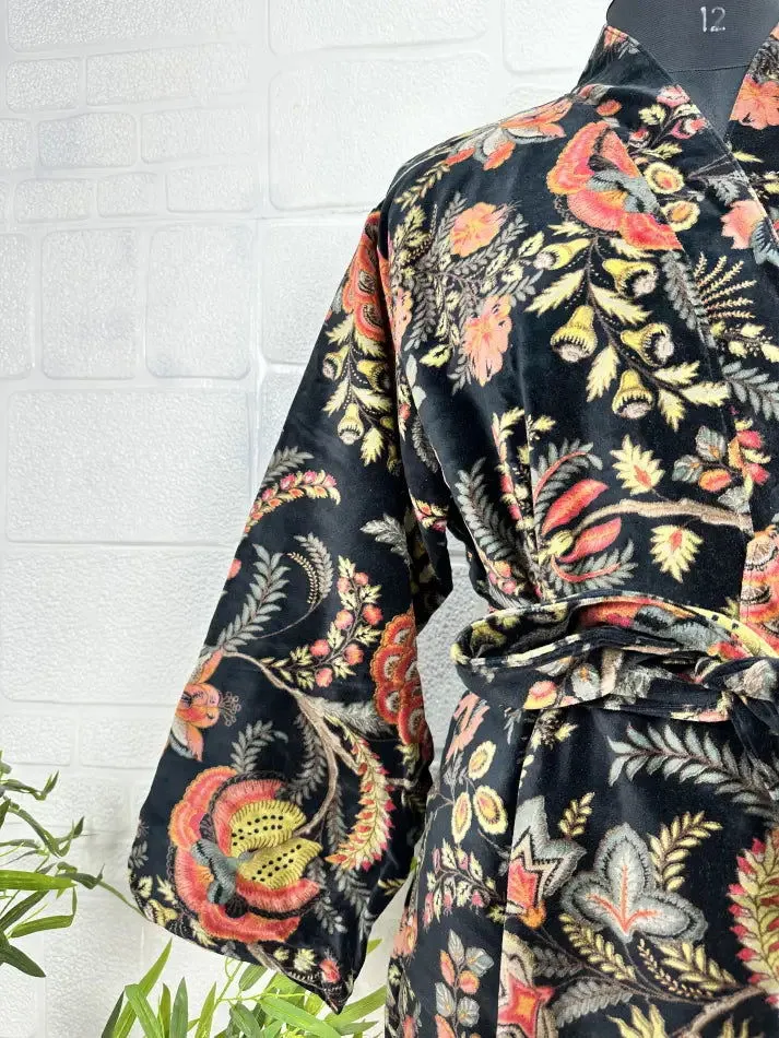 Luxury Velvet House Robe Unisex Kimono Jacket Reversible Silk Lined Autumn Winter Gift Elegant Floral Black Malibu Bluish Valentine Love