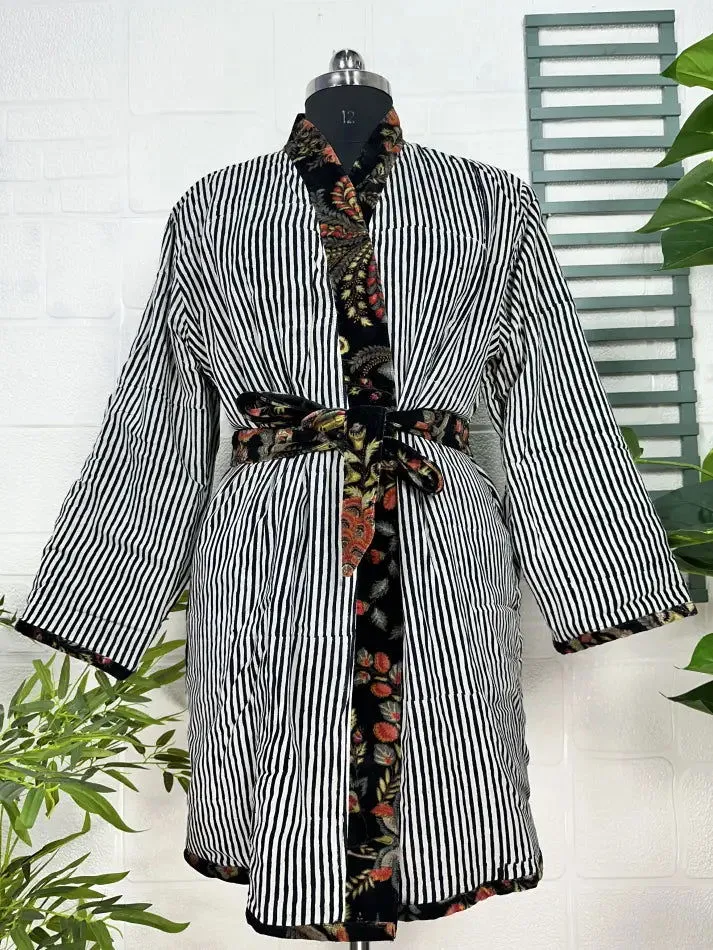 Luxury Velvet House Robe Unisex Kimono Jacket Reversible Silk Lined Autumn Winter Gift Elegant Floral Black Malibu Bluish Valentine Love