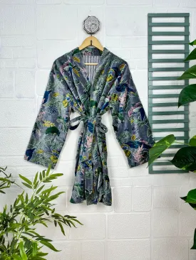 Luxury Velvet House Robe Unisex Kimono Jacket Reversible Silk Lined Autumn Winter Gift Elegant Floral Grey Malibu Bluish Valentine Love