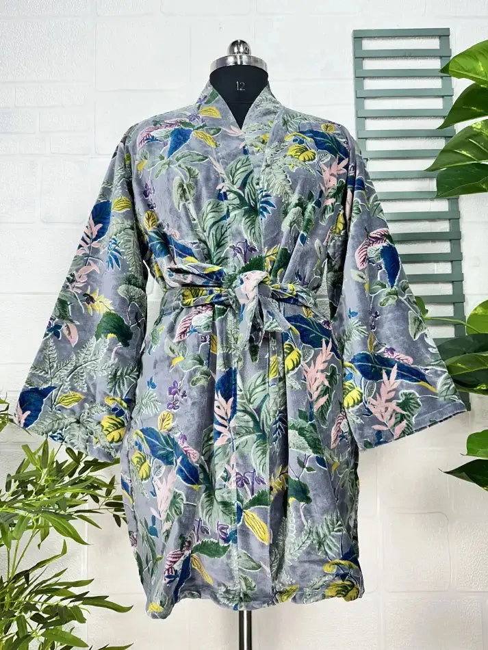 Luxury Velvet House Robe Unisex Kimono Jacket Reversible Silk Lined Autumn Winter Gift Elegant Floral Grey Malibu Bluish Valentine Love
