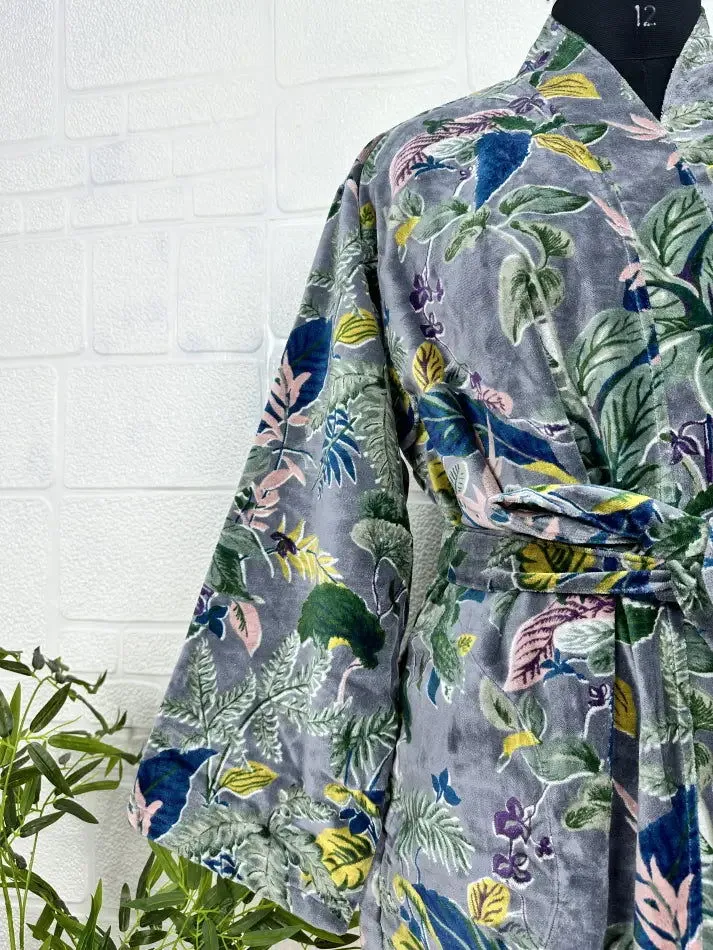 Luxury Velvet House Robe Unisex Kimono Jacket Reversible Silk Lined Autumn Winter Gift Elegant Floral Grey Malibu Bluish Valentine Love
