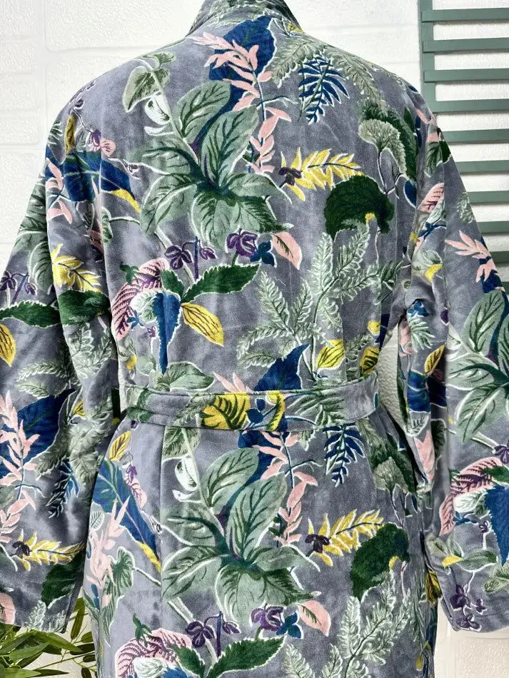 Luxury Velvet House Robe Unisex Kimono Jacket Reversible Silk Lined Autumn Winter Gift Elegant Floral Grey Malibu Bluish Valentine Love