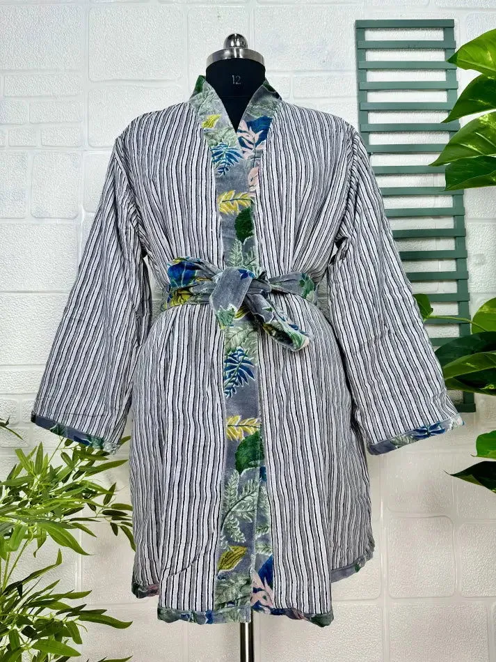 Luxury Velvet House Robe Unisex Kimono Jacket Reversible Silk Lined Autumn Winter Gift Elegant Floral Grey Malibu Bluish Valentine Love