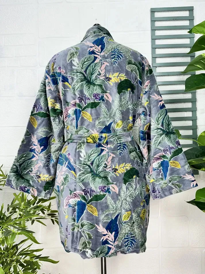 Luxury Velvet House Robe Unisex Kimono Jacket Reversible Silk Lined Autumn Winter Gift Elegant Floral Grey Malibu Bluish Valentine Love