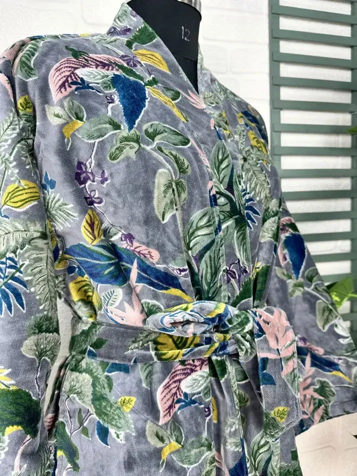 Luxury Velvet House Robe Unisex Kimono Jacket Reversible Silk Lined Autumn Winter Gift Elegant Floral Grey Malibu Bluish Valentine Love