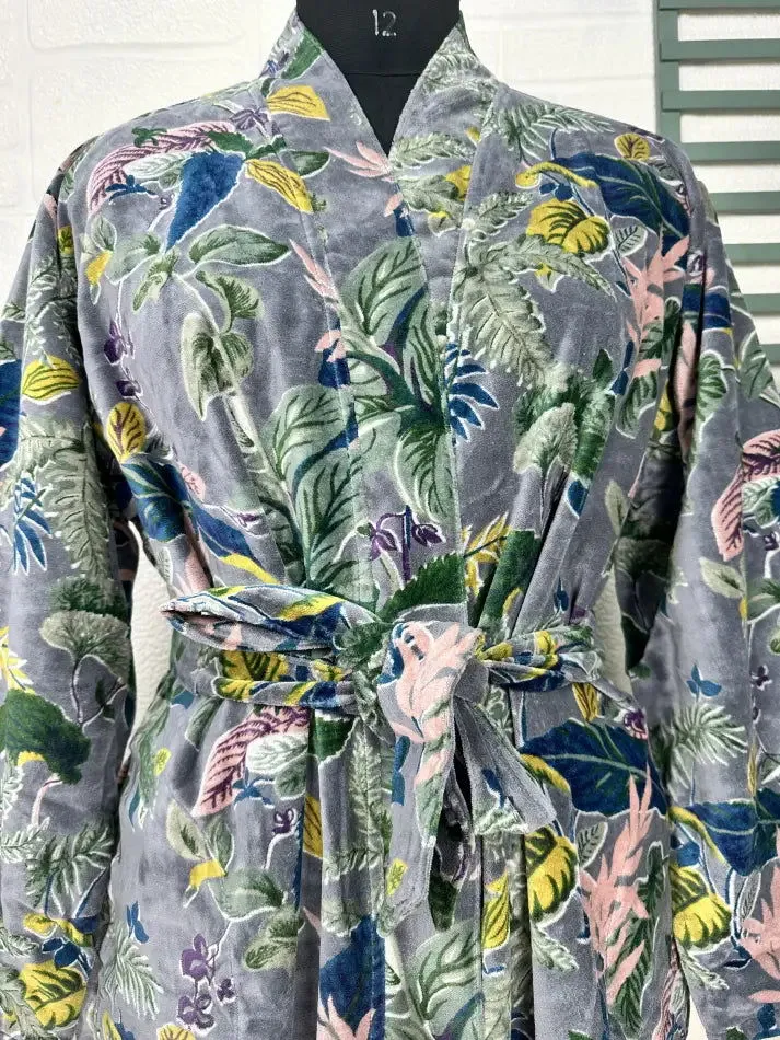 Luxury Velvet House Robe Unisex Kimono Jacket Reversible Silk Lined Autumn Winter Gift Elegant Floral Grey Malibu Bluish Valentine Love