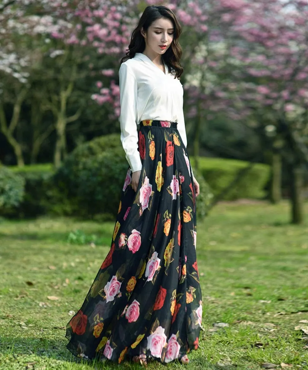 MedeShe Women's Chiffon Floral Print Elasticated Waist Maxi Skirt