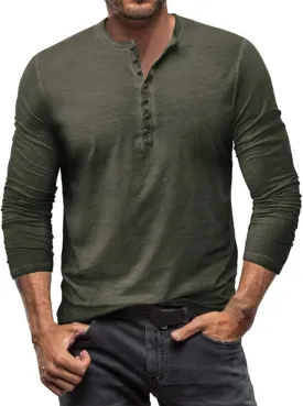 Mens Casual Long Sleeve Henley Shirt Classic Stretch Slim Fit Button Active Sports Gym Hiking T-Shirt
