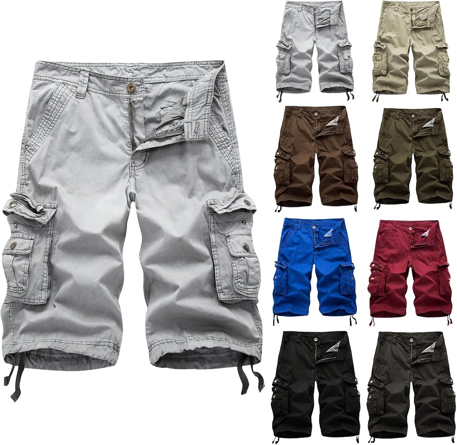 Mens Washed Cargo Shorts Zipper Button Slim Fit Hiking Shorts Summer Lightweight Beach Pants with Multi-Pockets