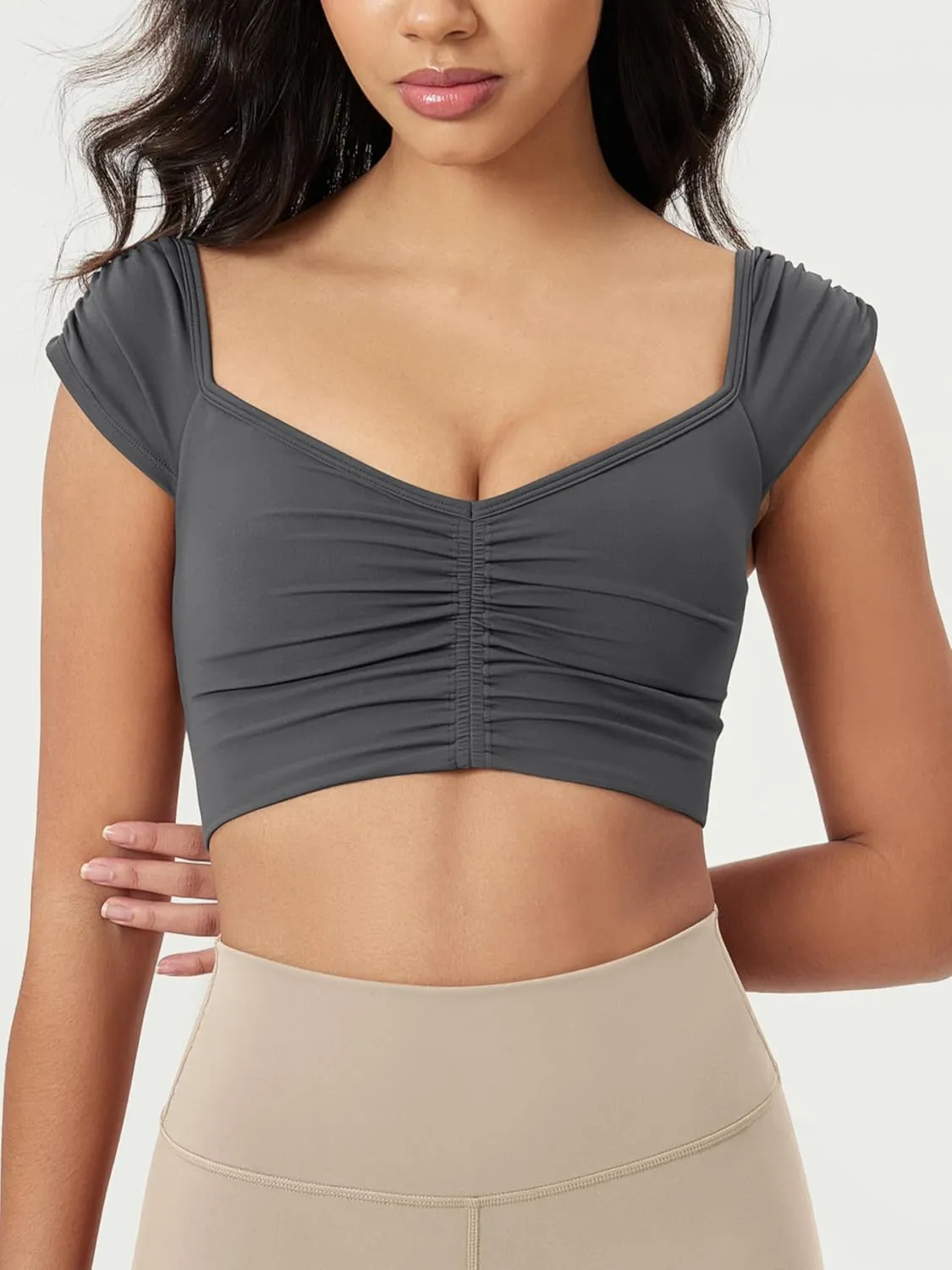 ODODOS Ruched Front Crop Tank for Women V-Neck Cut Out Back Cap Sleeve Cropped Tops