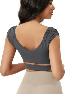 ODODOS Ruched Front Crop Tank for Women V-Neck Cut Out Back Cap Sleeve Cropped Tops