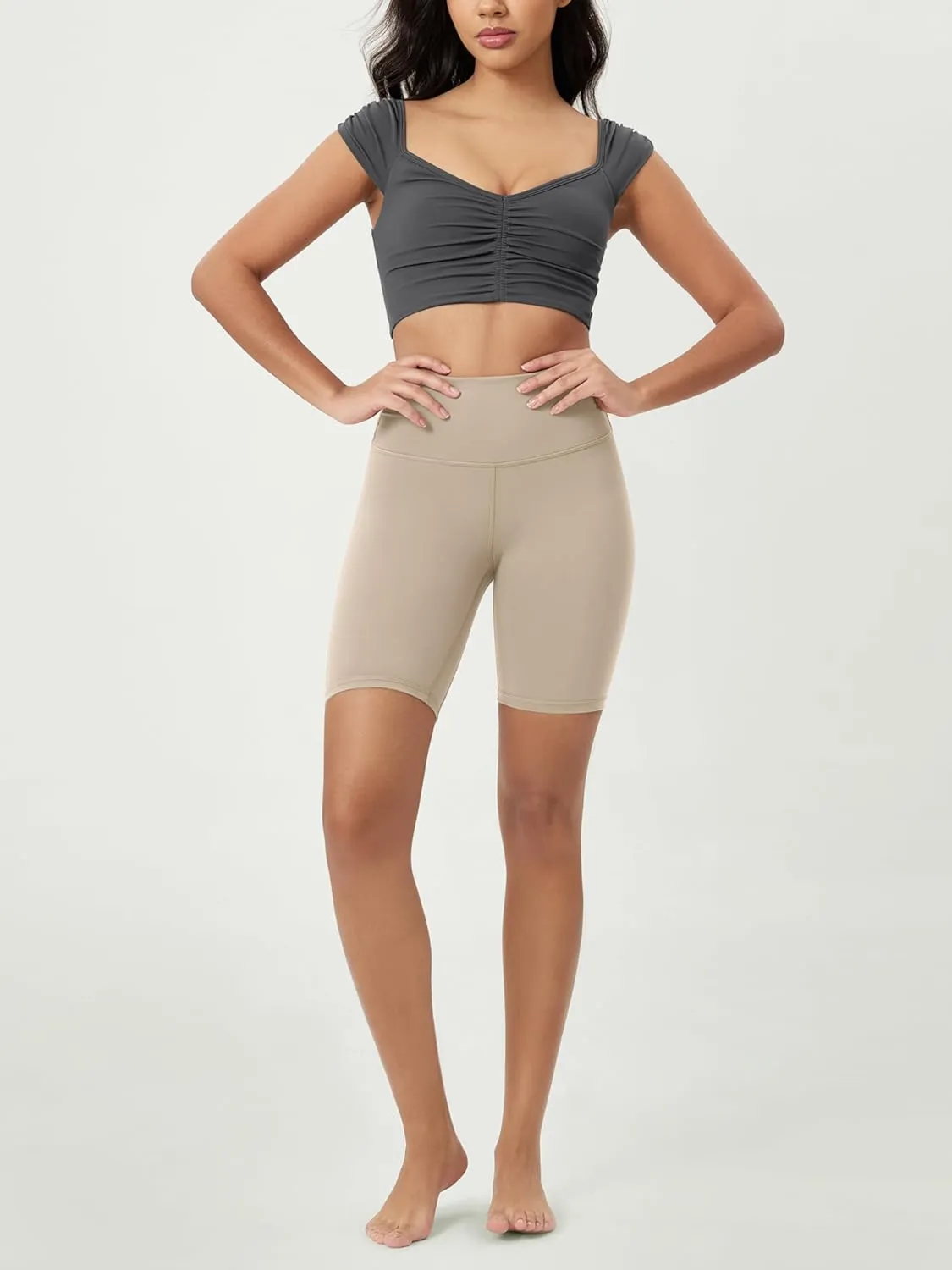ODODOS Ruched Front Crop Tank for Women V-Neck Cut Out Back Cap Sleeve Cropped Tops