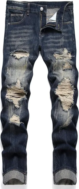 OIIIO Men's Ripped Slim Fit Straight Leg Jean Denim Pant