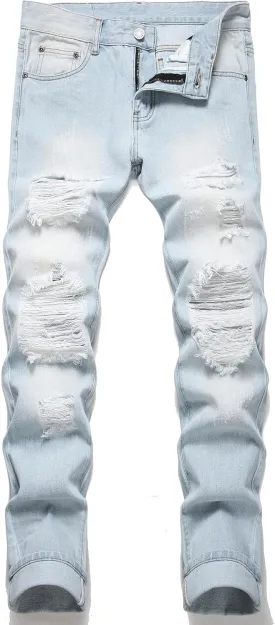 OIIIO Men's Ripped Slim Fit Straight Leg Jean Denim Pant