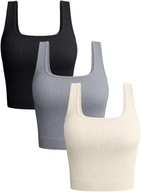 OQQ Women's 3 Piece Tank Tops Ribbed Seamless Workout Exercise Shirts 2025 Summer Basic Camis