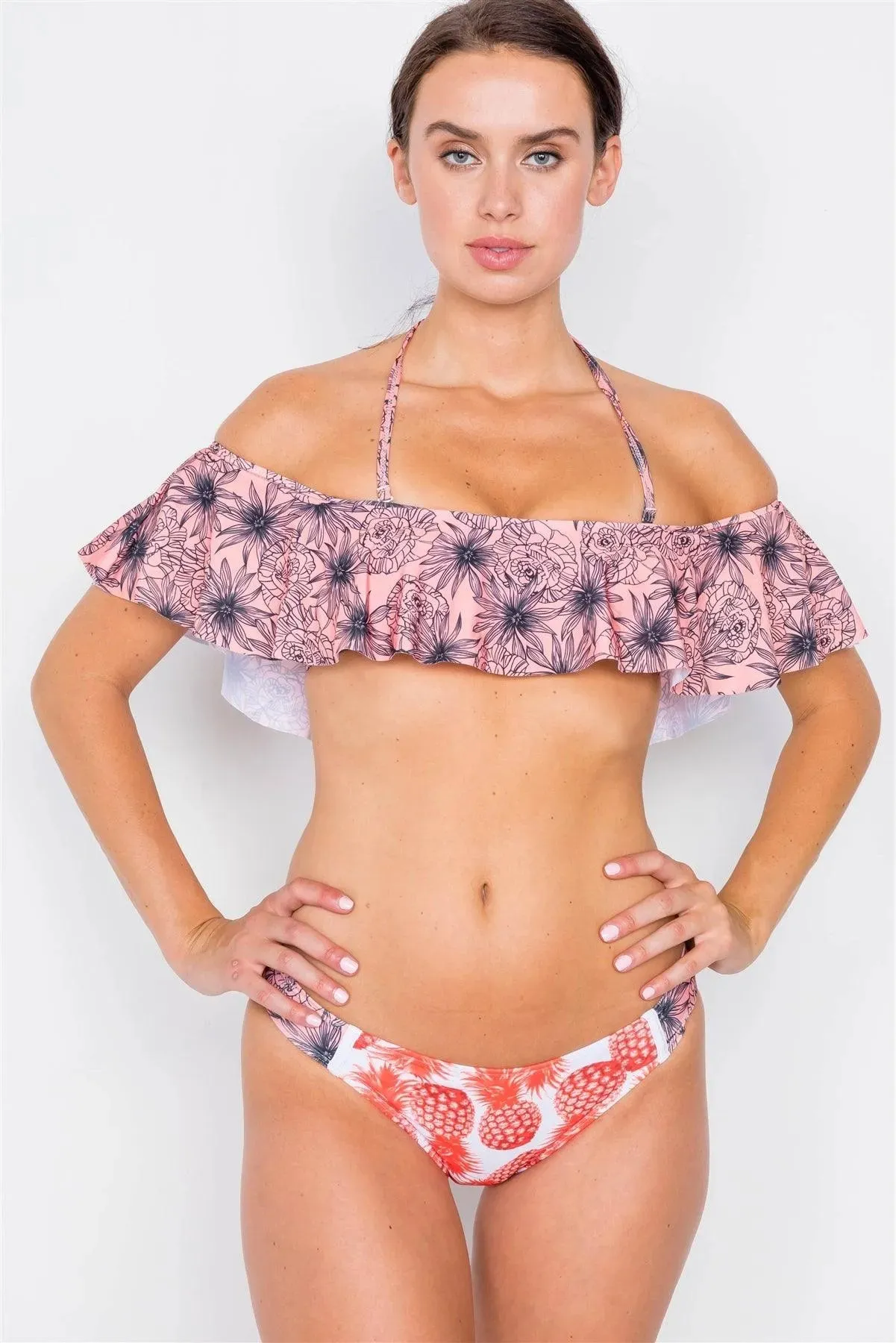 Pink & Orange Pineapple Floral Print  Mix Two Piece Bikini  /1-1-1-1
