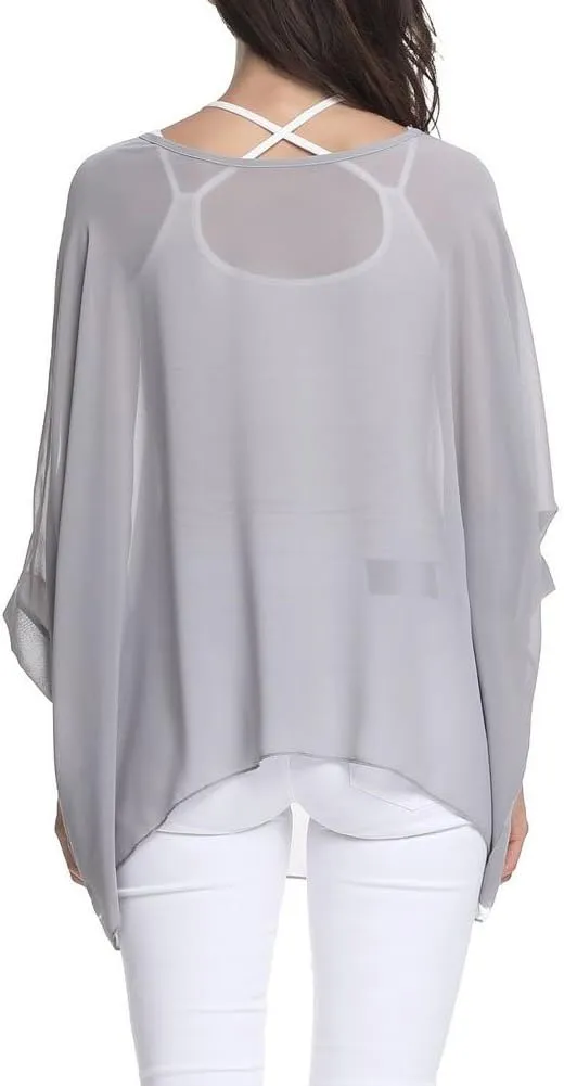 Rokou Women Chiffon Blouse Floral Batwing Sleeve Beach Cover Loose Tunic Shirt Tops
