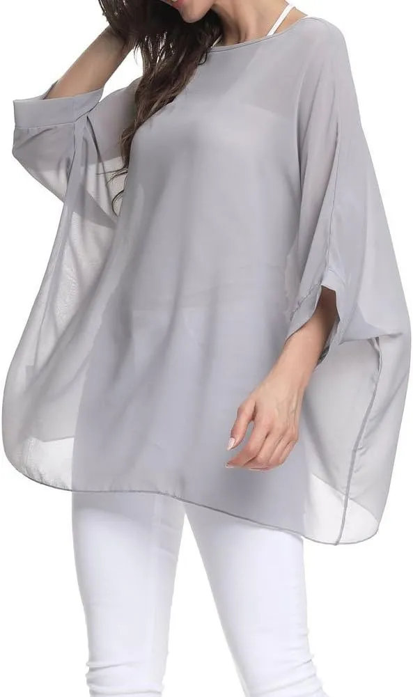 Rokou Women Chiffon Blouse Floral Batwing Sleeve Beach Cover Loose Tunic Shirt Tops