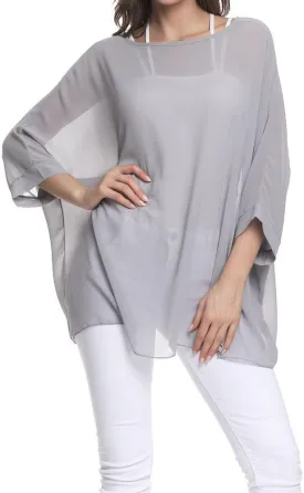 Rokou Women Chiffon Blouse Floral Batwing Sleeve Beach Cover Loose Tunic Shirt Tops