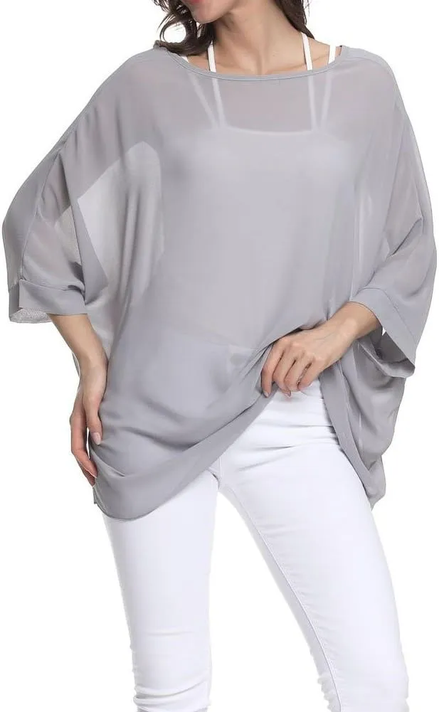 Rokou Women Chiffon Blouse Floral Batwing Sleeve Beach Cover Loose Tunic Shirt Tops