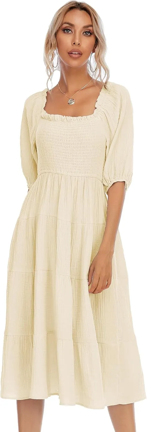 R.Vivimos Women's Summer Cotton Lantern Sleeves Ruffled Off Shoulder A-Line Midi Dresses