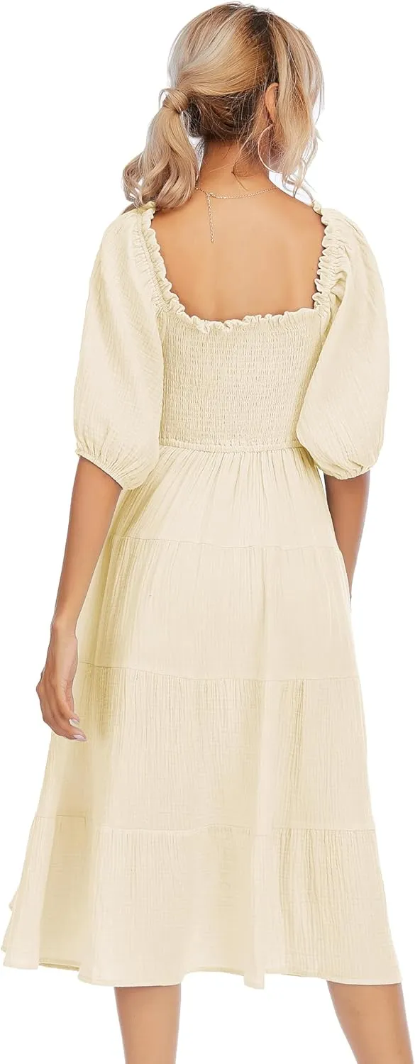 R.Vivimos Women's Summer Cotton Lantern Sleeves Ruffled Off Shoulder A-Line Midi Dresses