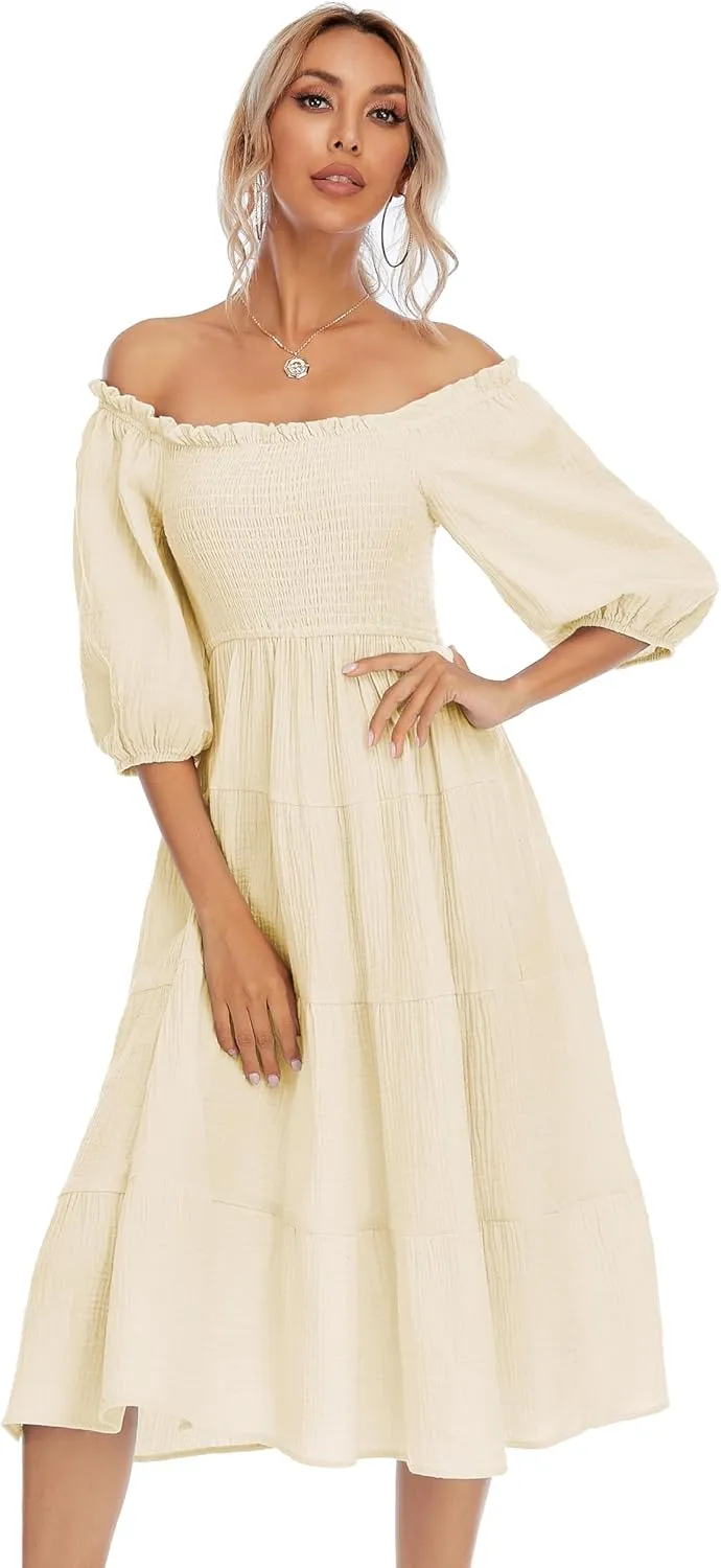 R.Vivimos Women's Summer Cotton Lantern Sleeves Ruffled Off Shoulder A-Line Midi Dresses