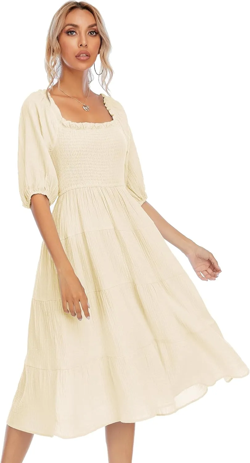 R.Vivimos Women's Summer Cotton Lantern Sleeves Ruffled Off Shoulder A-Line Midi Dresses