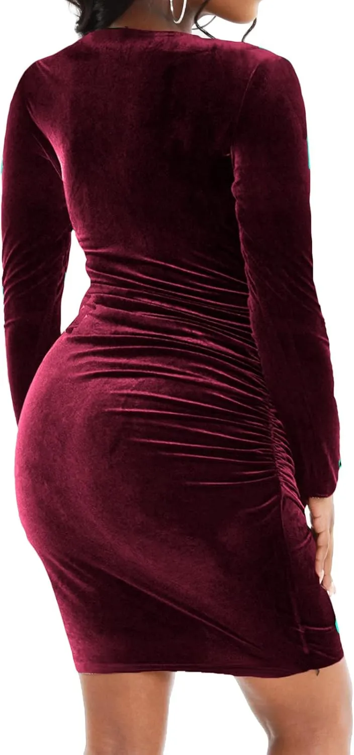 SeNight Dresses for Women Sexy Ruched Sparkly Bodycon Long Sleeve Deep V Neck Club Mini Dress for Party Club Night