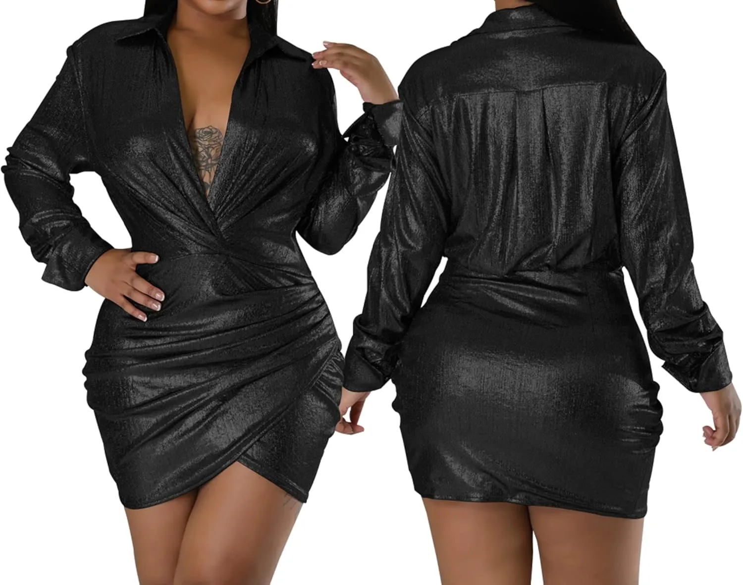 SeNight Dresses for Women Sexy Ruched Sparkly Bodycon Long Sleeve Deep V Neck Club Mini Dress for Party Club Night