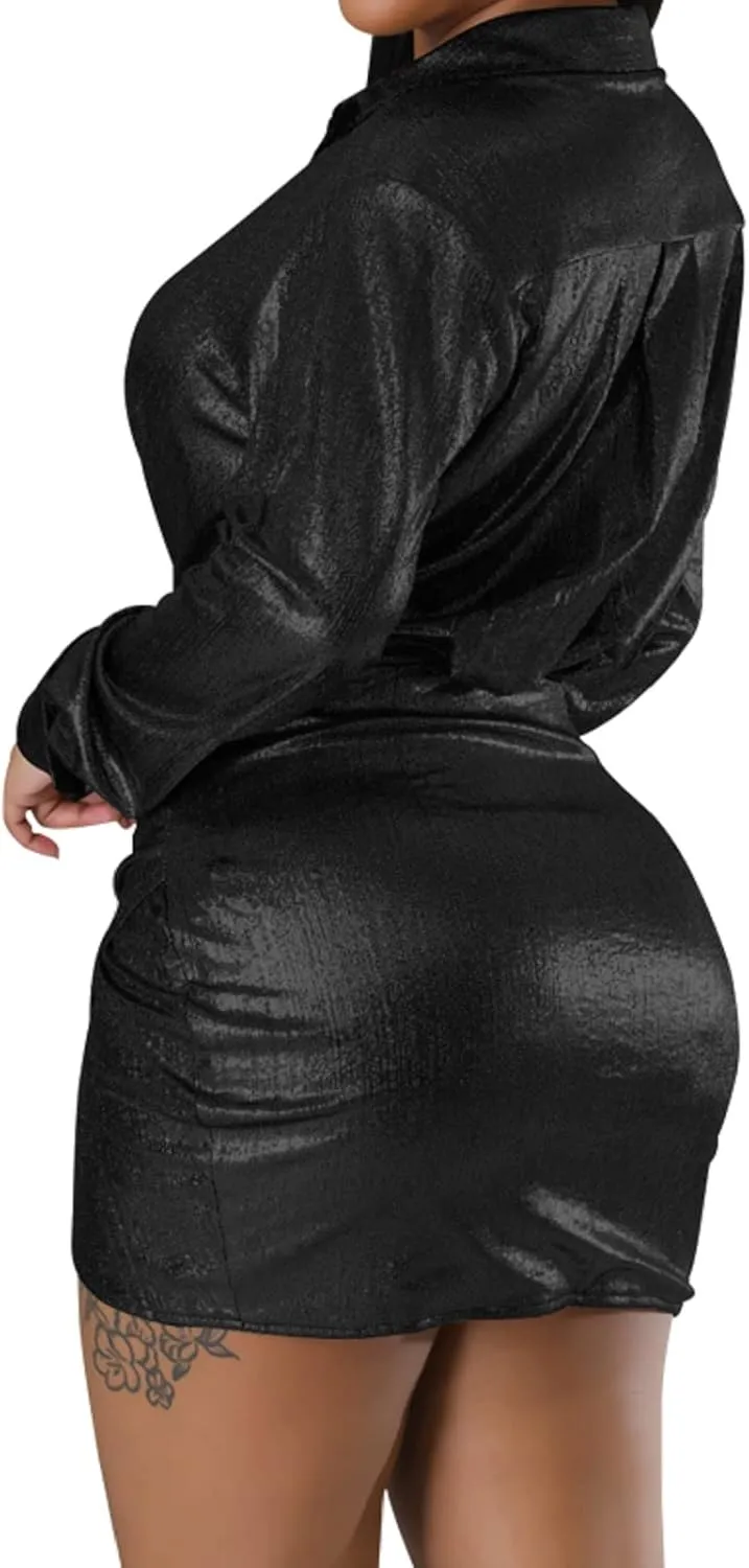 SeNight Dresses for Women Sexy Ruched Sparkly Bodycon Long Sleeve Deep V Neck Club Mini Dress for Party Club Night