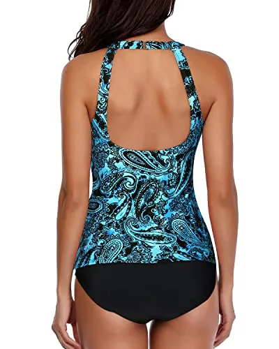 Sexy And Slim Backless Tankini Swimsuit Set For Women-Blue Paisley