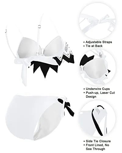 Sexy Bathing Suits With Push Up Underwire Bikini Top & Side Tie Bikini Bottom-White And Black