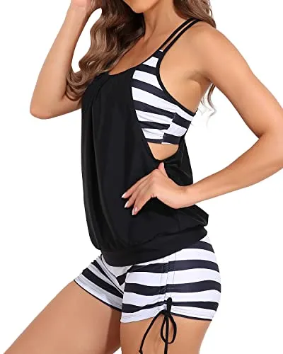 Slim Fit Tankini Tops With Side Cut Out Blouson Swim Tank Top With Boy Shorts-Black And White Stripe