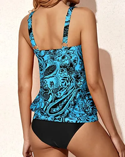 Sporty Tank Top Vintage Tankini Swimsuits For Women-Black And Tribal Blue