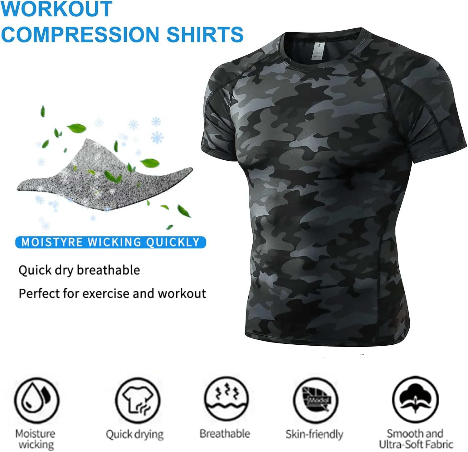 SPVISE Men's Compression Shirts Short Sleeve Workout Gym T-Shirt Running Tops Cool Dry Sports Base Layer Athletic Undershirts